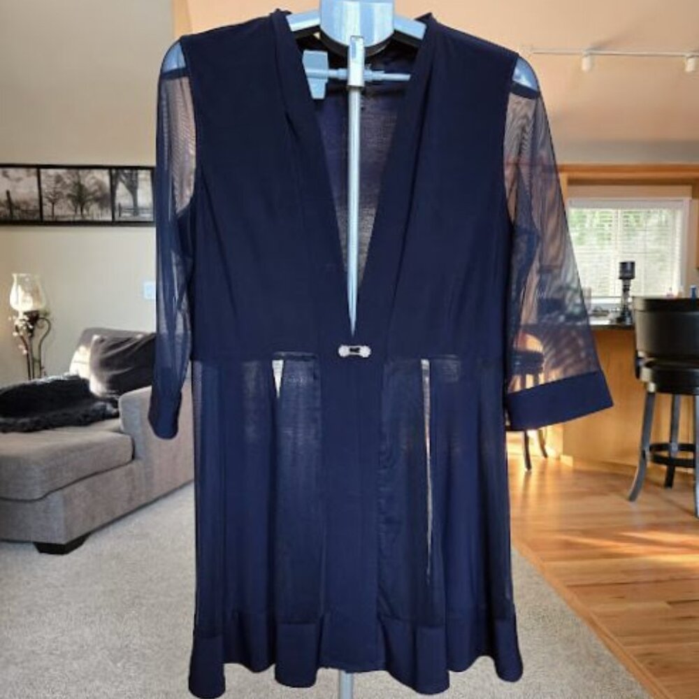 R&M Colletion sz 14 sheer sleeve navy duster/jacket with rhinestone closure